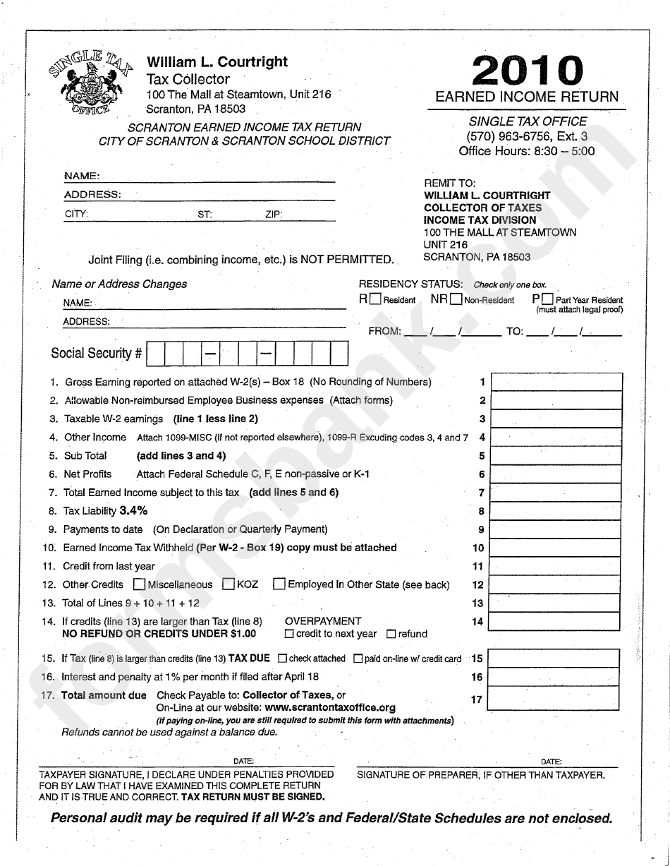 2010 Earned Tax Return Form Scranton printable pdf download