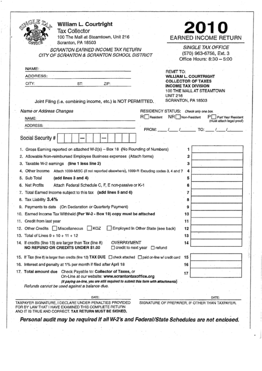 2010 Earned Income Tax Return Form - Scranton Printable pdf