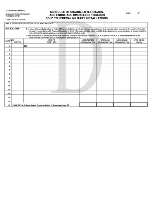 Fillable Form Att-24 Schedule D - Schedule Of Cigars, Little Cigars, And Loose And Smokeless Tobacco Sold To Federal Military Installations Printable pdf