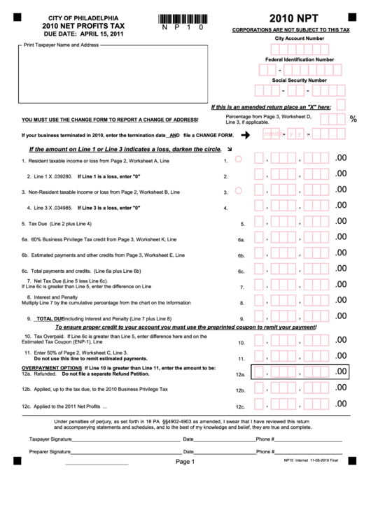 Form Npt - Net Profits Tax - City Of Philadelphia - 2010 Printable pdf