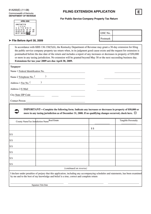 Form 61a200(E) - Filing Extension Application Printable pdf