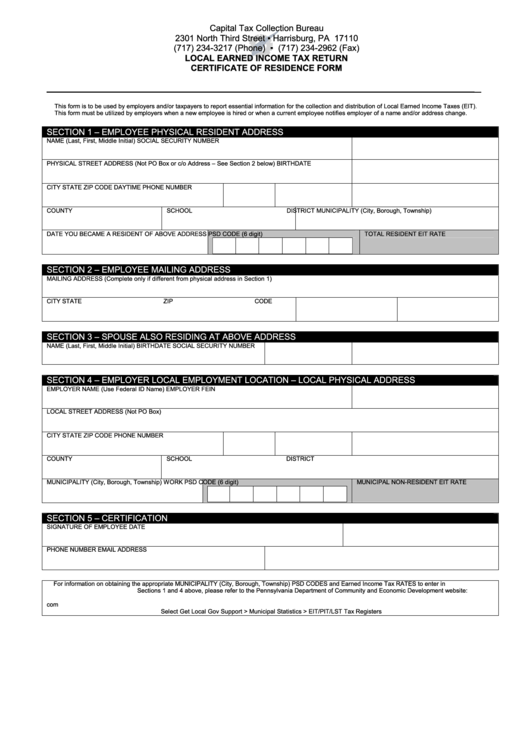Fillable Local Earned Income Tax Return Certificate Of Residence Form 