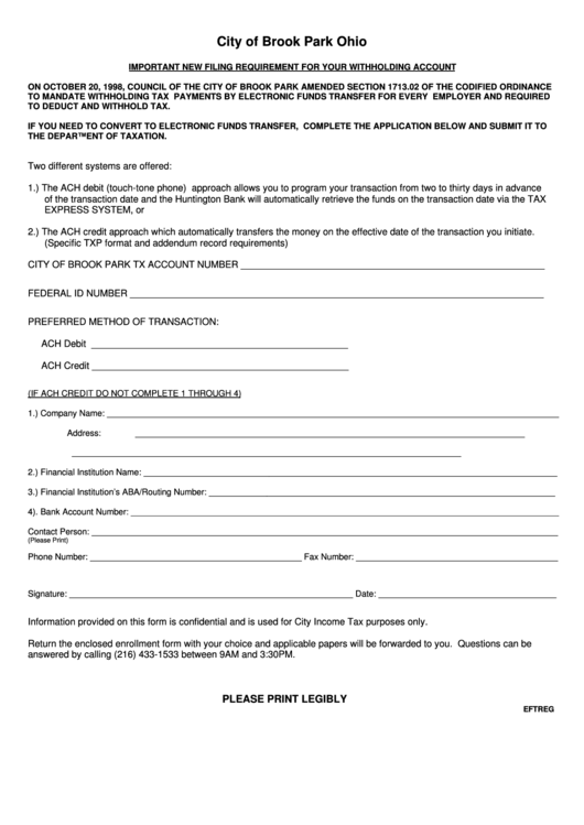 Form Rftreg - Withholding Account Electronic Funds Transfer Application Form - City Of Brook Park Printable pdf