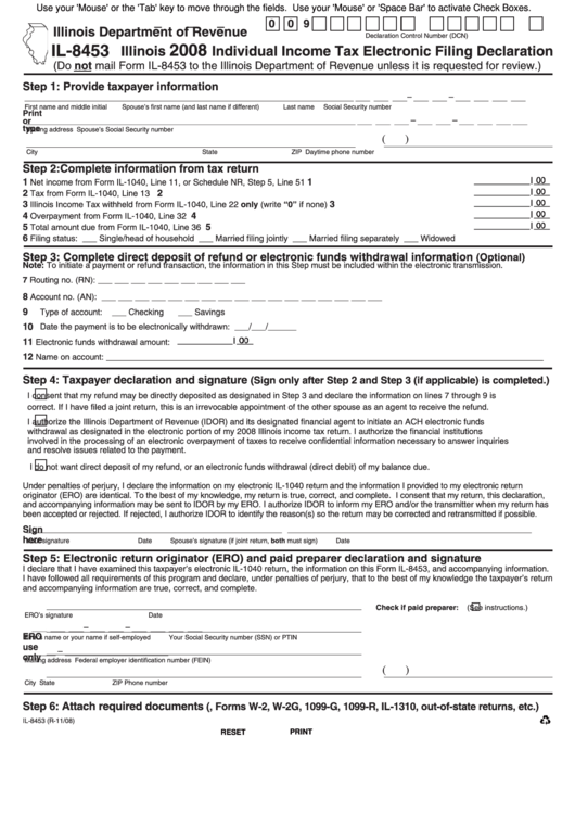 Fillable Form Il-8453 - Illinois Individual Income Tax Electronic Filing Declaration - 2008 Printable pdf