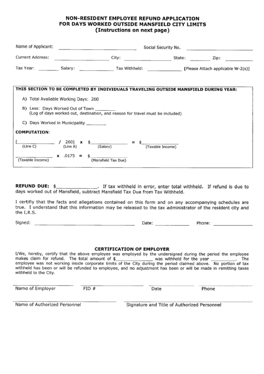 Non-Resident Employee Refund Application For Days Worked Out Of Mansfield City Limits Form Printable pdf