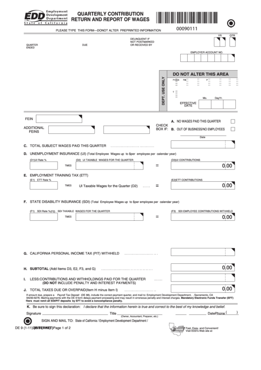 Fillable Form De 9 - Quarterly Contribution Return And Report Of Wages - State Of California Printable pdf
