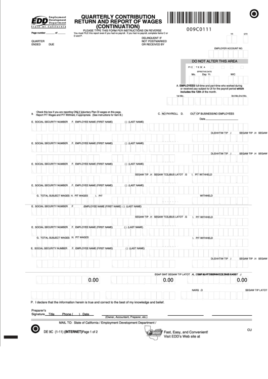 Fillable Form De 9c - Quarterly Contribution Return And Report Of Wages (Continuation) Printable pdf