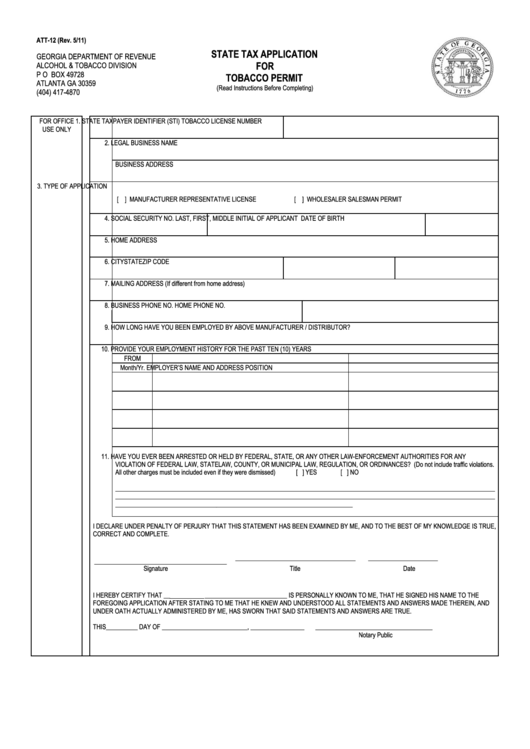 Fillable Form Att-12 - State Tax Application For Tobacco Permit - 2011 Printable pdf