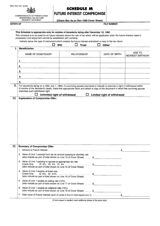 Shedule M - Future Interest Compromise - Pennsylvania Inheritance Tax Return Printable pdf
