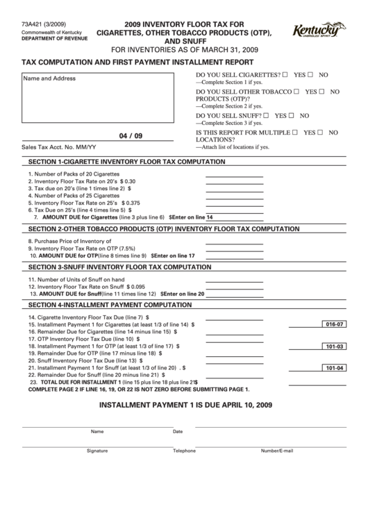 Form 73a421 - 2009 Inventory Floor Tax For Cigarettes, Other Tobacco Products (Otp), And Snuff Printable pdf
