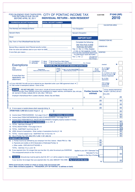 Fillable Form P1040 (Nr) - City Of Pontiac Income Tax, Individual Return - Non Resident - 2010 Printable pdf