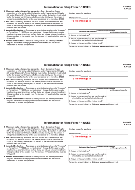 Form F-1120es - Information For Filing - 2008 Printable pdf