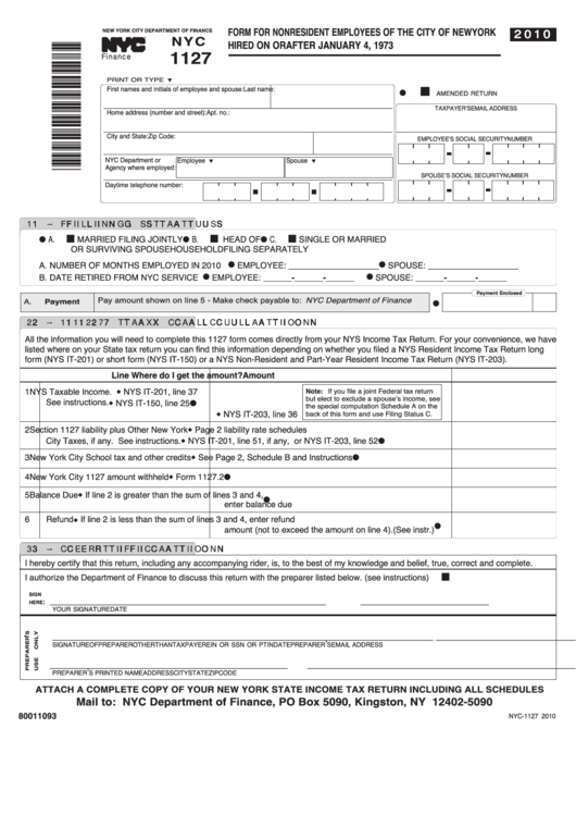 Fillable Form Nyc 1127 - Form For Nonresident Employees Of The City Of New York Hired On Or After January 4, 1973 - 2010 Printable pdf