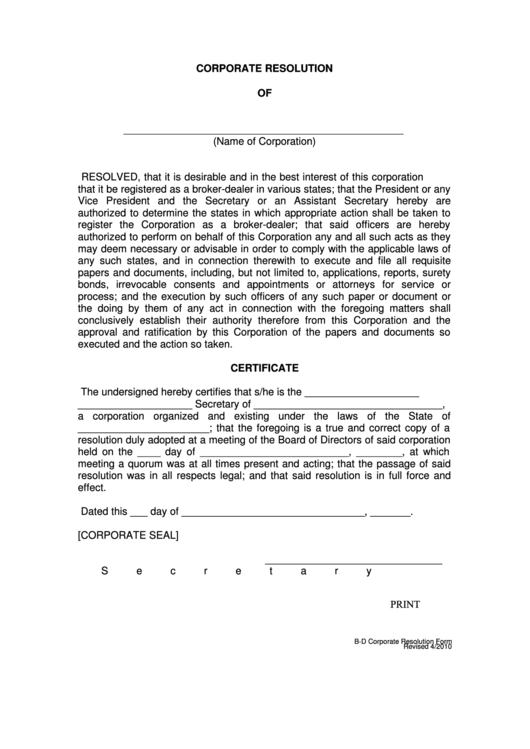 Fillable Form B-D - Corporate Resolution - 2010 Printable pdf