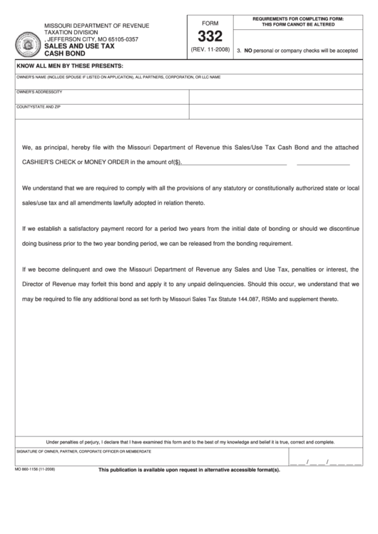 Fillable Form 332 - Sales And Use Tax Cash Bond Printable pdf