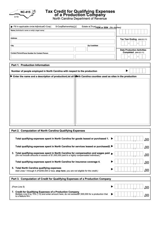 Form Nc-415 - Tax Credit For Qualifying Expenses Of A Production Company - North Carolina Department Of Revenue Printable pdf