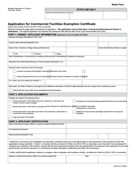 Fillable Form 4757 - Application For Commercial Facilities Exemption Certificate - Michigan Department Of Treasury Printable pdf
