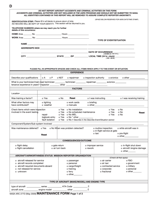 Fillable Form Arc 277d - Nasa Asrs Maintenance Report Printable pdf