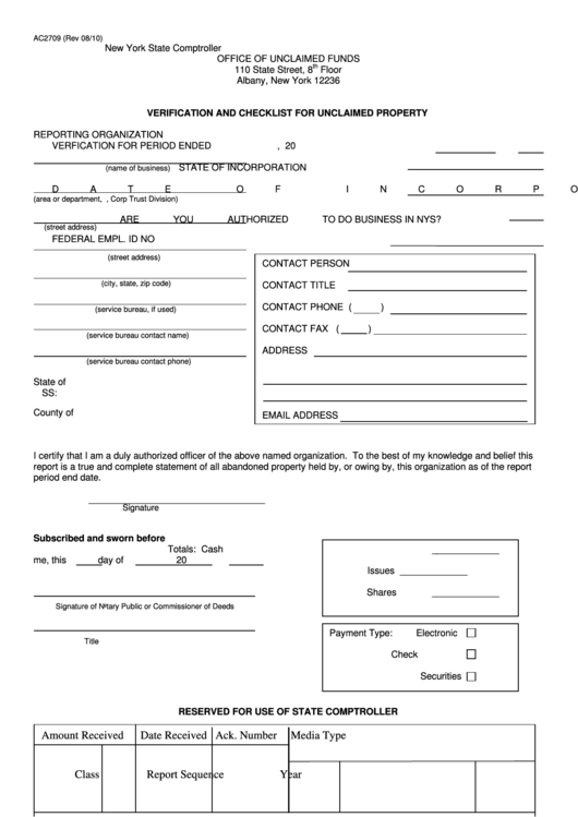 Form Ac2709 - Verification And Checklist For Unclaimed Property Printable pdf