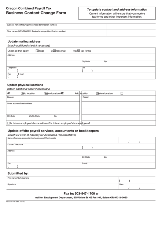 Fillable Business Contact Change Form - Oregon Combined Payroll Tax Printable pdf