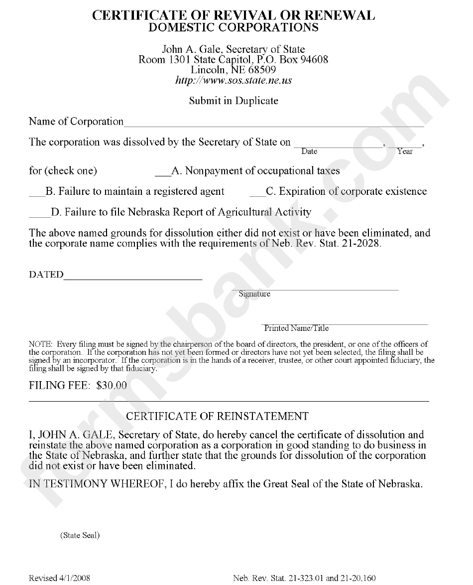 Certificate Of Revival Or Renewal Domestic Corporations Form