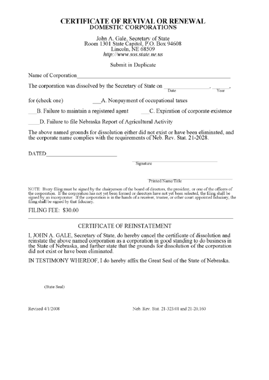 Certificate Of Revival Or Renewal Domestic Corporations Form Printable pdf