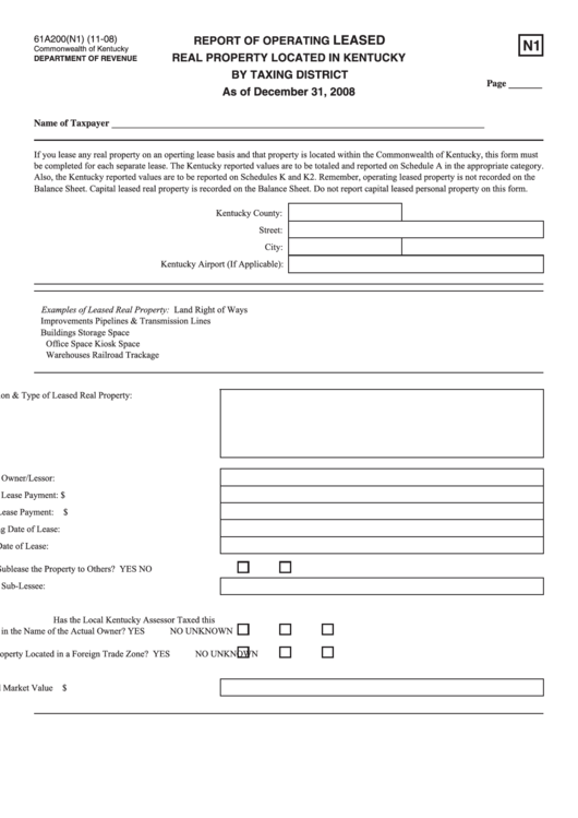 Form 61a200(N1) - Report Of Operating Leased Real Property Located In Kentucky By Taxing District Printable pdf