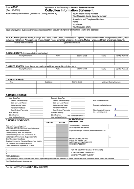 Fillable Form 433-F - Collection Information Statement - 2005 Printable pdf