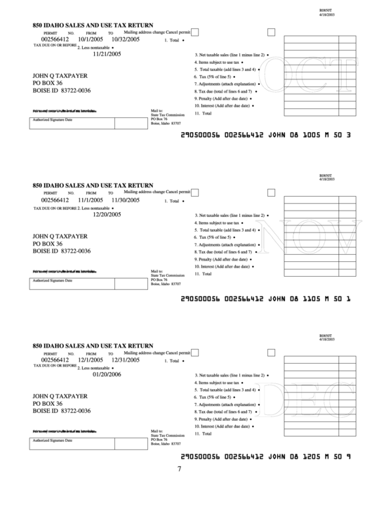 Form 850 - Idaho Sales And Use Tax Return - 2005 Printable pdf