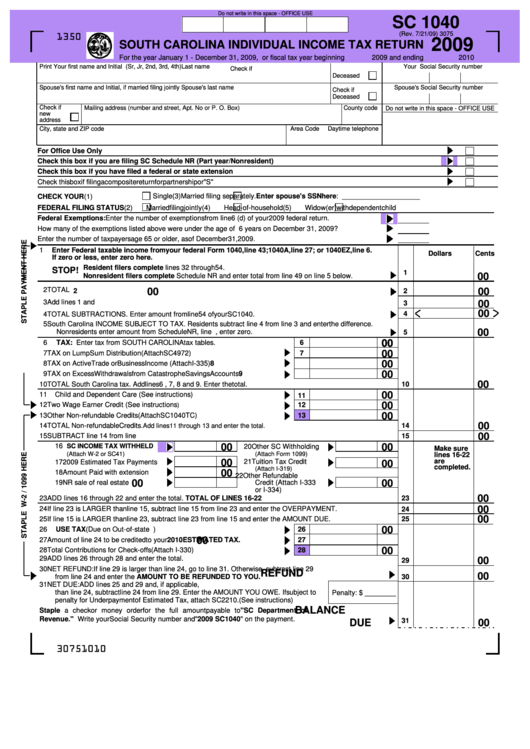 Form Sc 1040 - South Carolina Individual Income Tax Return - 2009 Printable pdf