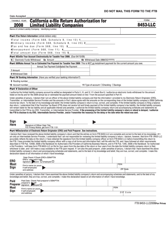 Fillable Form 8453-Llc - California E-File Return Authorization For Limited Liability Companies - 2008 Printable pdf