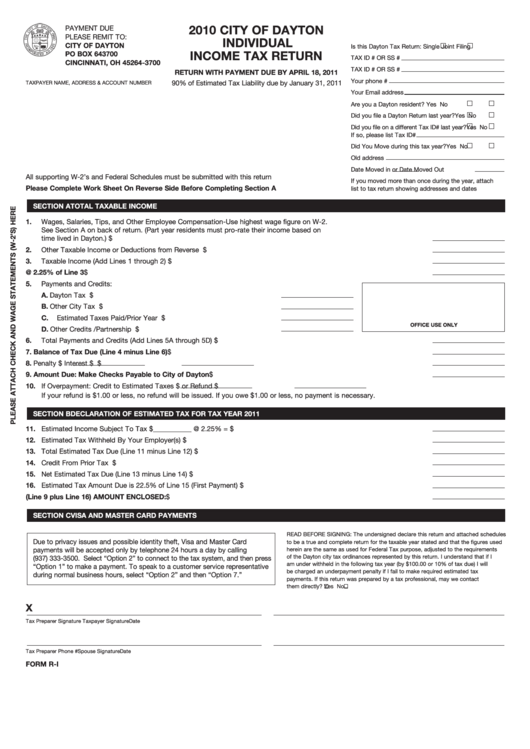 Form R-I - City Of Dayton Individual Income Tax Return - 2010 Printable pdf