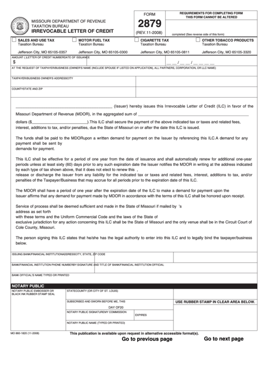 Fillable Form 2879 - Irrevocable Letter Of Credit Printable pdf