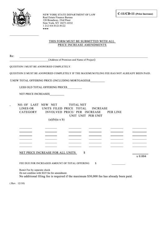 Fillable Form C-11/cd-11 (Price Increase) - New York State Department Of Law Printable pdf