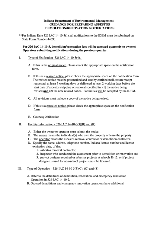Guidance For Preparing Asbestos Demolition/renovation Notifications - Indiana Department Of Environmental Management Printable pdf