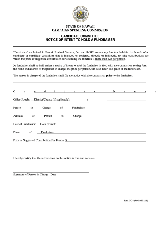 Fillable Form Cc-8 - Candidate Committee Notice Of Intent To Hold A Fundraiser - Campaign Spending Commission Printable pdf