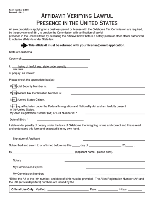 Form G-900 - Affidavit Verifying Lawful Presence In The United States - 2011 Printable pdf