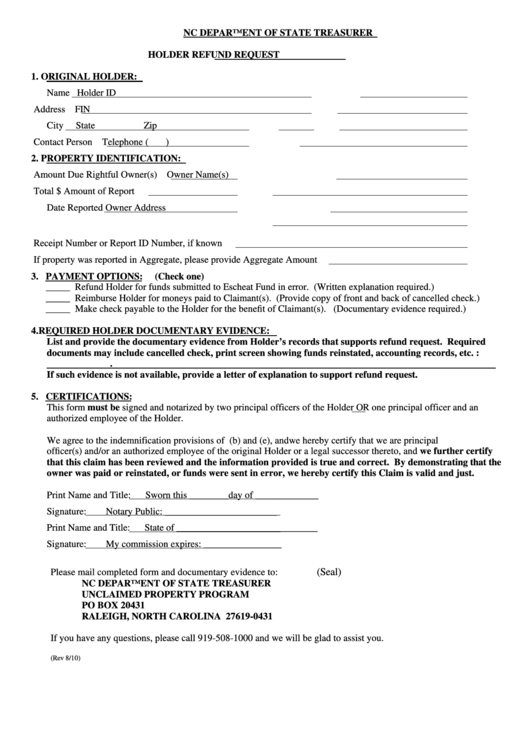 Holder Refund Request Form Printable pdf