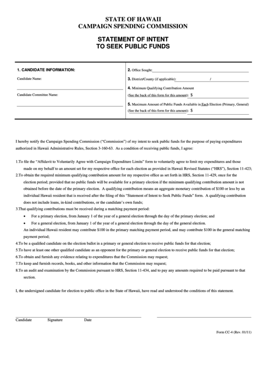 Form Cc-4 - Statement Of Intent To Seek Public Funds - Campaign Spending Commission Printable pdf