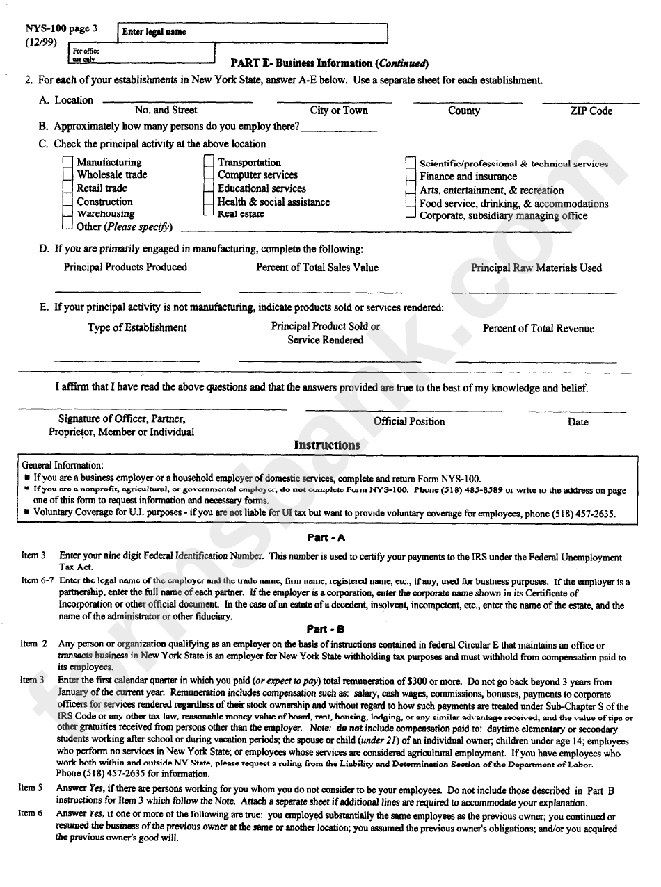 Form Nys-100 - Part E-Business Information(Continued)