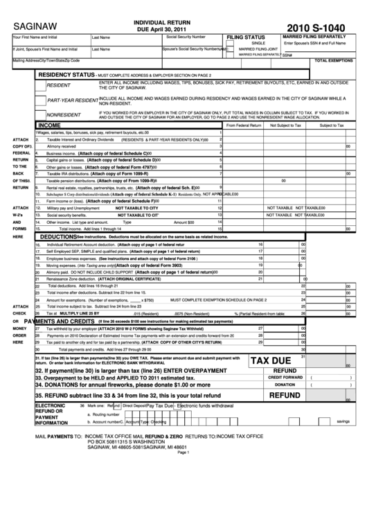 Form S-1040 - Individual Return - 2010 Printable pdf