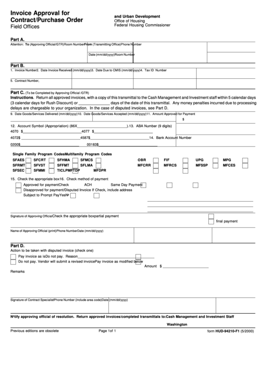 Fillable Form Hud-94210-F1 - Invoice Approval For Contract/purchase Order Printable pdf