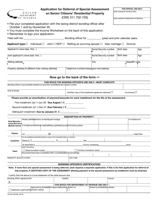 Fillable Form 150-491-646 - Application For Deferral Of Special Assessment On Senior Citizens