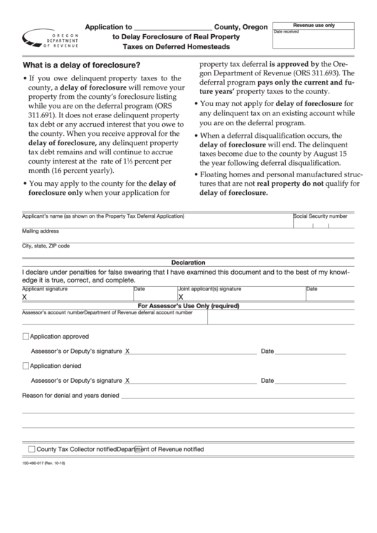 Fillable Application To Delay Foreclosure Of Real Property Taxes On Deferred Homesteads Form - 2010 Printable pdf