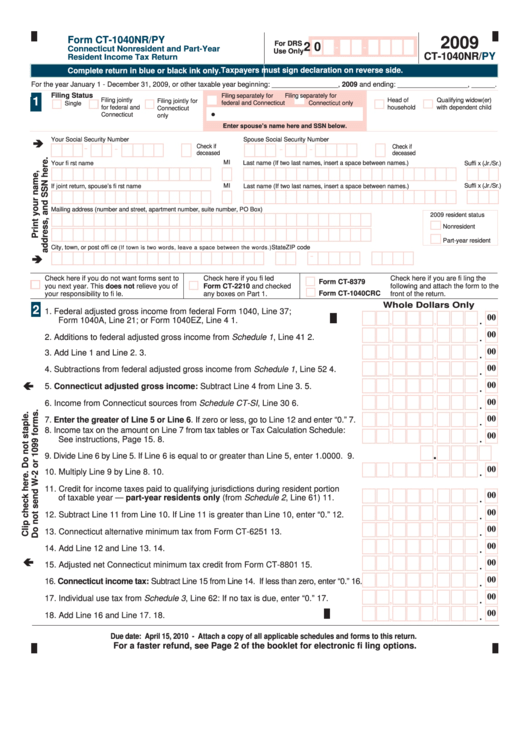 Form Ct-1040nr/py - Connecticut Nonresident And Part-Year Resident Income Tax Return - 2009 Printable pdf