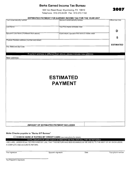 Estimated Payment For Earned Income Tax For The Year 2007 - Berks Earnes Income Tax Bureau Printable pdf