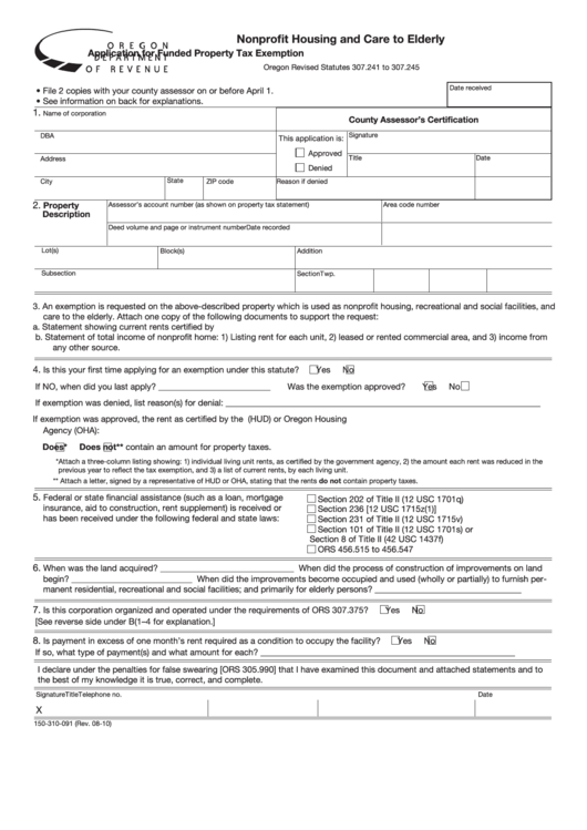 Fillable Form 150-310-091 - Nonprofit Housing And Care To Elderly Application For Funded Property Tax Exemption Printable pdf