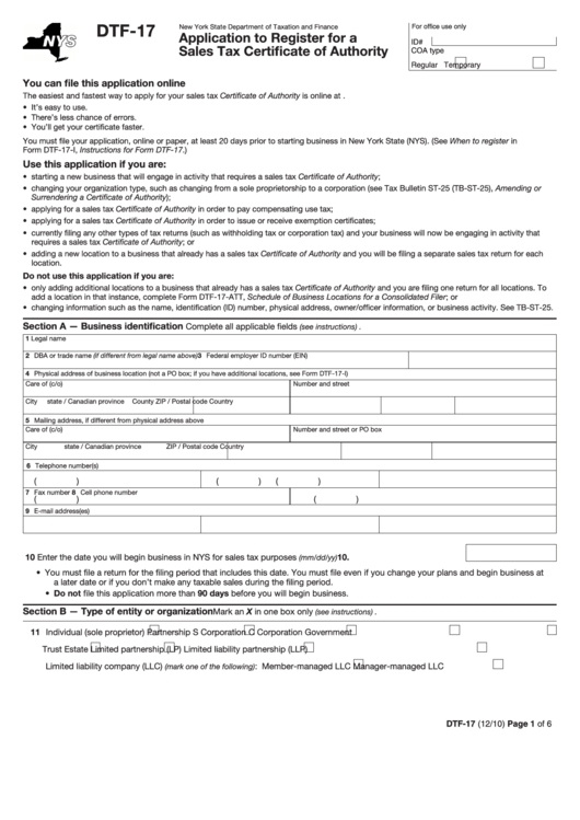 Fillable Form Dtf-17 - Application To Register For A Sales Tax Certificate Of Authority Printable pdf