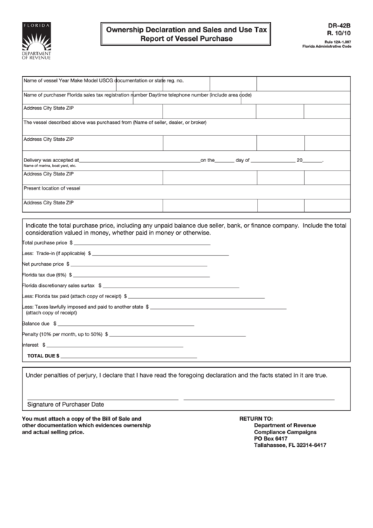 Form Dr-42b - Ownership Declaration And Sales And Use Tax - Report Of Vessel Purchase Printable pdf