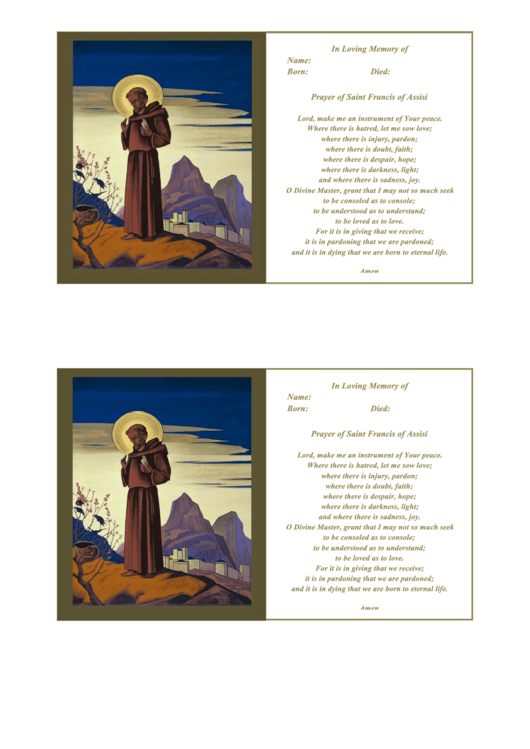 Prayer Of Saint Francis Funeral Card Template Printable pdf